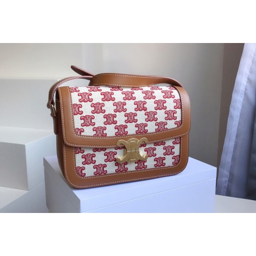 Celine Teen Triomphe Bag in Textile with Triomphe Embroidery and Calfskin Vintage Pink