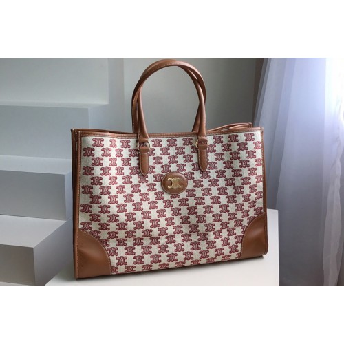 Celine horizontal cabas Bag in textile with triomphe embroidery Red