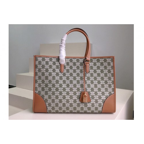 Celine HORIZONTAL CABAS bag IN Green TEXTILE WITH TRIOMPHE EMBROIDERY