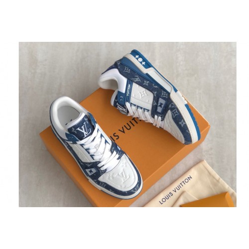 Louis Vuitton 1A9JGR Trainer sneaker on Blue Monogram denim and Monogram-embossed grained calf leather