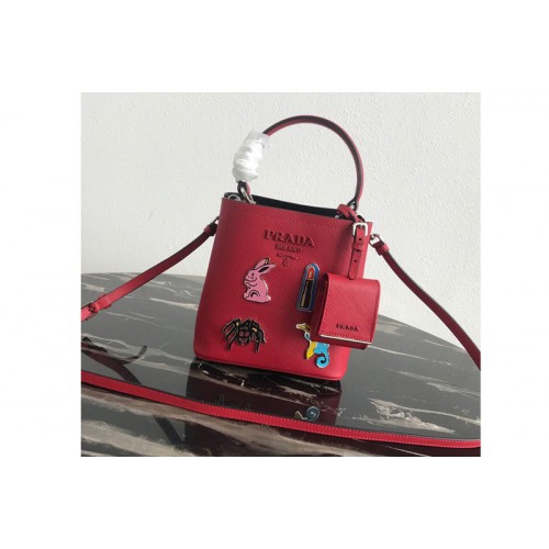 Prada 1BA217 Small Prada Panier bag with appliques in Red Saffiano leather