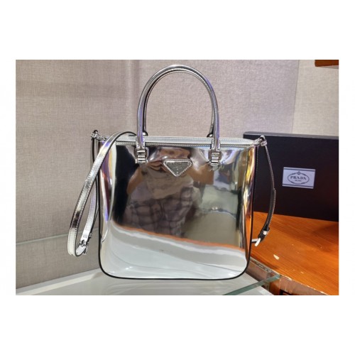 Prada 1BA330 Brushed leather tote bag in Silver Leather