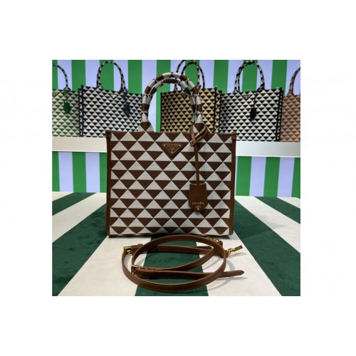 Prada 1BA354 Small Prada Symbole jacquard fabric handbag in Brown White
