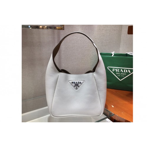 Prada 1BC127 Leather Bucket Handbag in White Calf Leather