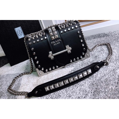 Prada 1BH018 Leather Prada Cahier Bag in Black Leather