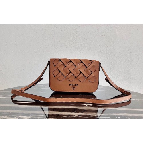 Prada 1BD246 Leather Prada Tress Shoulder Bag in Cognac Black Woven Leather