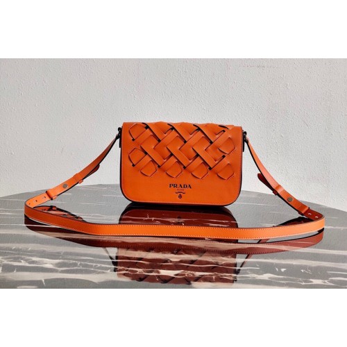 Prada 1BD246 Leather Prada Tress Shoulder Bag in Papaya Black Woven Leather