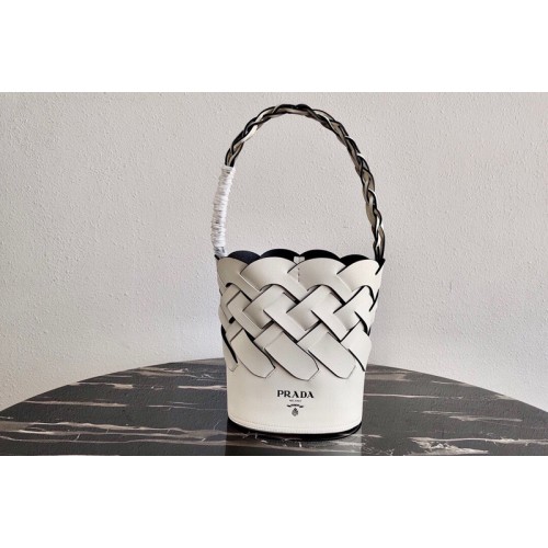 Prada 1BE049 Leather Prada Tress Bucket Bag in White Black Woven Leather Prada 1BE049 Leather Prada Tress Bucket Bag in White Black Woven Leather