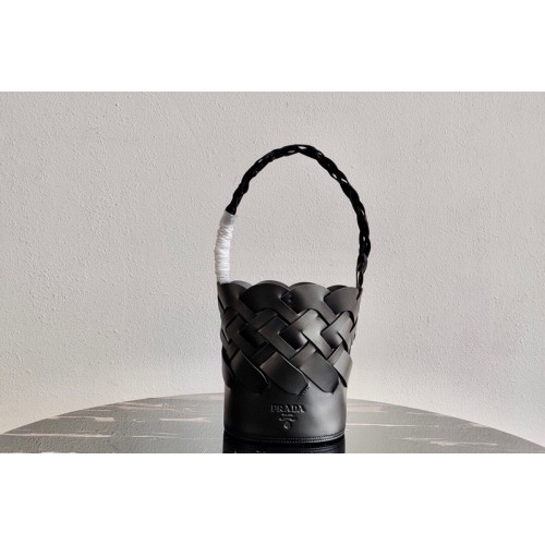 Prada 1BE049 Leather Prada Tress Bucket Bag in Black Woven Leather Prada 1BE049 Leather Prada Tress Bucket Bag in Black Woven Leather