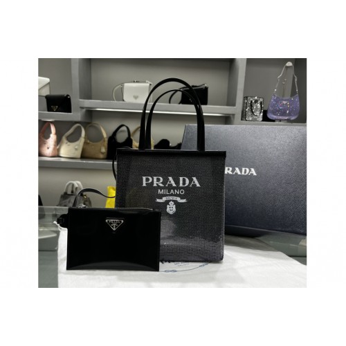 Prada 1BG417 Small sequined mesh tote bag in Black Fabric Leather