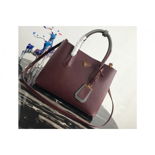 Prada 1BG775 Double Medium Bag in Burgundy Gray Saffiano leather
