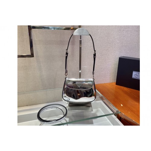 Prada 1BH188 Cleo brushed leather shoulder bag in Silver brushed leather
