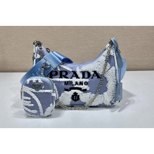 Prada 1BH204 Prada Re-Edition 2006 embroidered drill shoulder bag in Sky Blue White Fabric