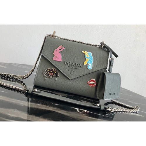 Prada 1BD127 Saffiano Leather Prada Monochrome Bag with appliques in Gray Saffiano leather