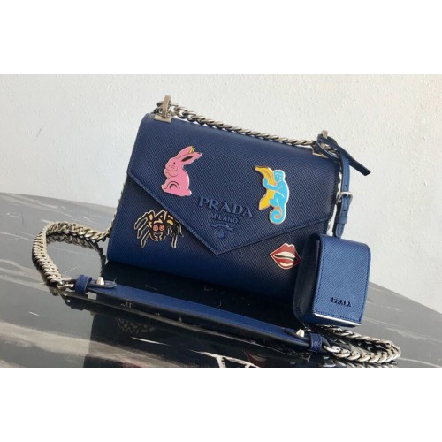 Prada 1BD127 Saffiano Leather Prada Monochrome Bag with appliques in Blue Saffiano leather Prada 1BD127 Saffiano Leather Prada Monochrome Bag with appliques in Blue Saffiano leather