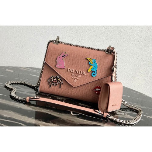 Prada 1BD127 Saffiano Leather Prada Monochrome Bag with appliques in Pink Saffiano leather
