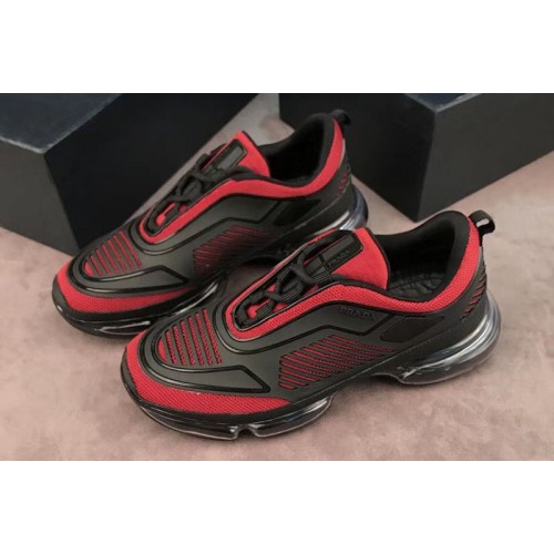 Mens Prada Mesh and Neoprene Sneakers Black And Red Leather