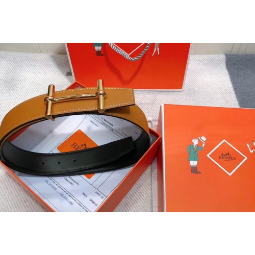 Mens Hermes 38mm H dAncre Reversible belt Gold Buckle in Tan Togo Leather