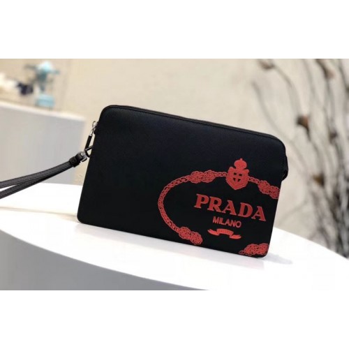 Prada 2VF056 Saffiano Leather Clutch With Red Logo Print Black