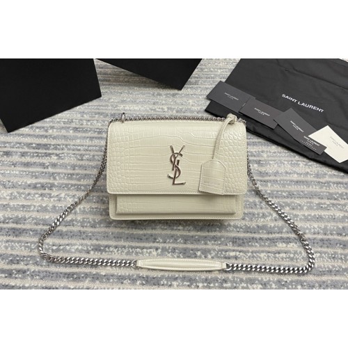YSL Medium Sunset Monogram Bag in White Crocodile Leather With Silver Hardware