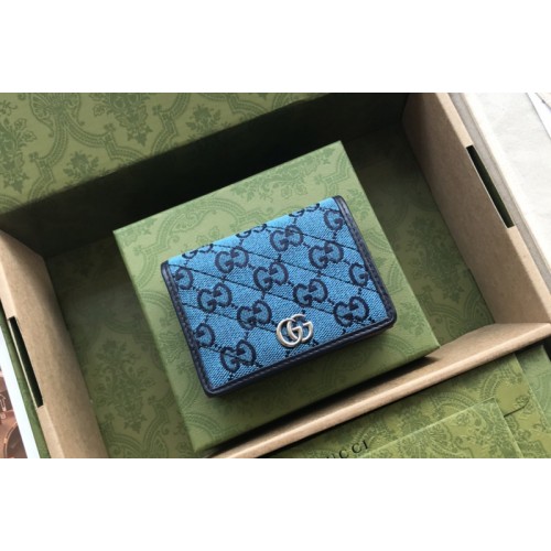 Gucci Marmont Multicolor case wallet in Light blue and blue diagonal matelasse canvas