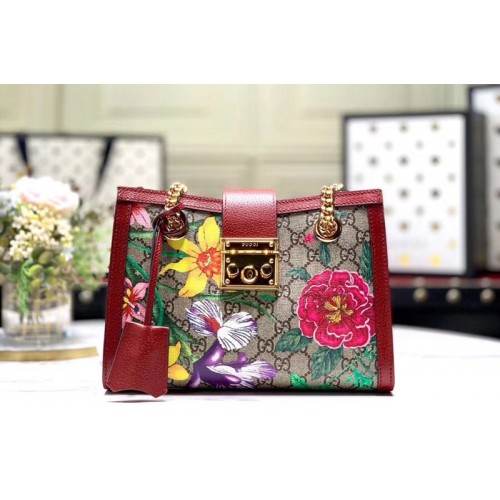 Gucci Padlock Flora small shoulder bags Beige ebony Supreme canvas With Red leather Gucci Padlock Flora small shoulder bags Beige ebony Supreme canvas With Red leather
