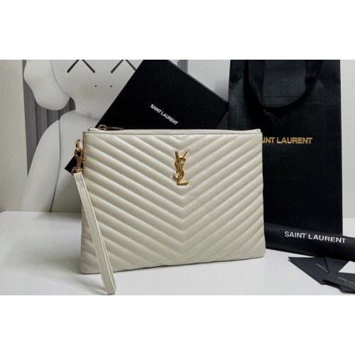 YSL Monogram Tablet Pouch In White Matelasse Leather