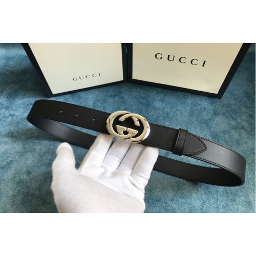 Gucci 30mm Belt with Silver Interlocking G buckle in Black Leather Gucci 30mm Belt with Silver Interlocking G buckle in Black Leather