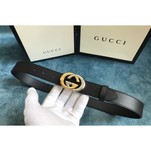 Gucci 30mm Belt with Shiny Gold Silver Interlocking G buckle in Black Leather Gucci 30mm Belt with Shiny Gold Silver Interlocking G buckle in Black Leather