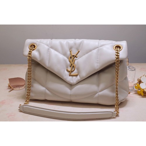 YSL LOULOU PUFFER SMALL BAG IN White QUILTED LAMBSKIN With Gold Hardware