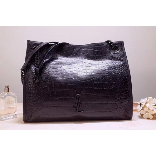 YSL Niki Medium Shopping Bag in Blue Crocodile Embossed Crinkled Vintage Leather