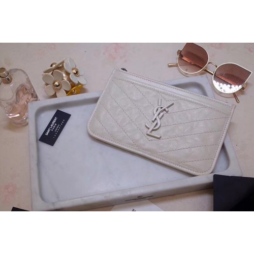 YSL Niki Bill Pouch in White Crinkled Vintage Leather