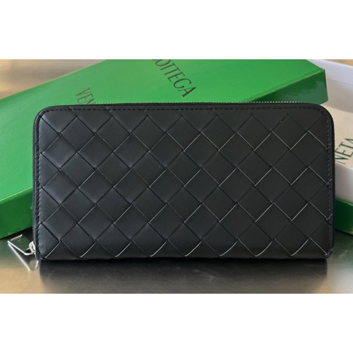 Bottega Veneta Intrecciato Zip Around Wallet in Black Leather