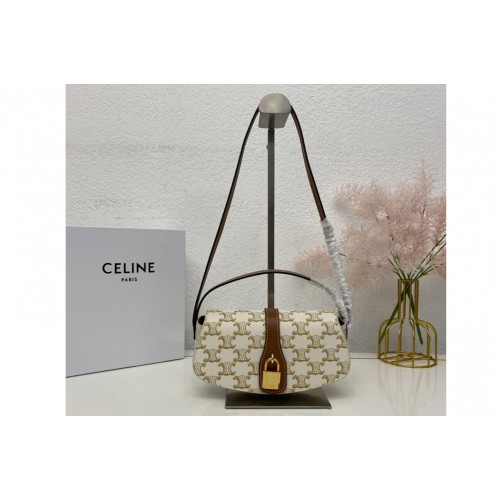 Celine 10I592 CLUTCH ON STRAP TABOU bag IN White TRIOMPHE CANVAS AND Tan CALFSKIN