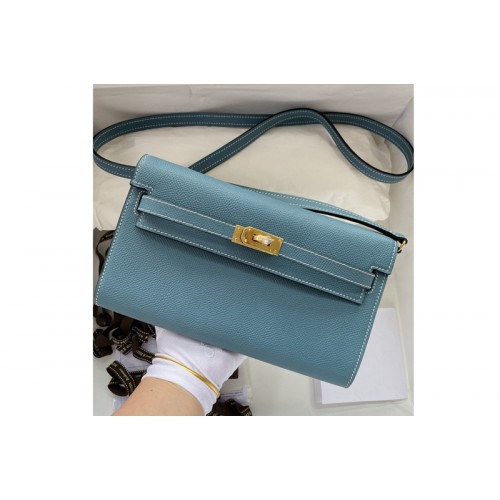 Hermes Kelly Classique To Go Woc Wallet In Blue Epsom Leather With Gold Buckle