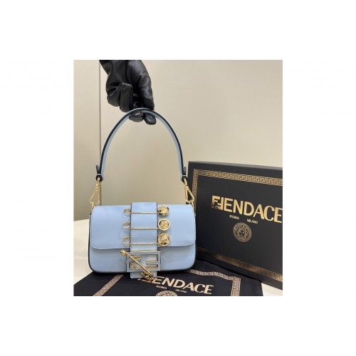 Fendi x Versace 8BS066 Mini Brooch Baguette bag in Blue Leather