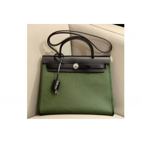 Hermes herbag zip 31 bag in Black Green Officier canvas and Leather