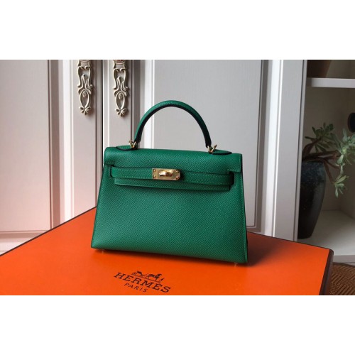 Hermes Mini Kelly 19cm Bag Full Handmade in Green Epsom Leather With Gold Silver Buckle