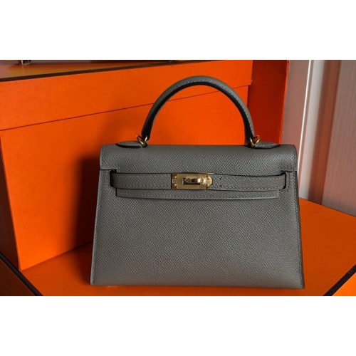 Hermes Mini Kelly 19cm Bag Full Handmade in Dark Gray Epsom Leather With Gold Silver Buckle