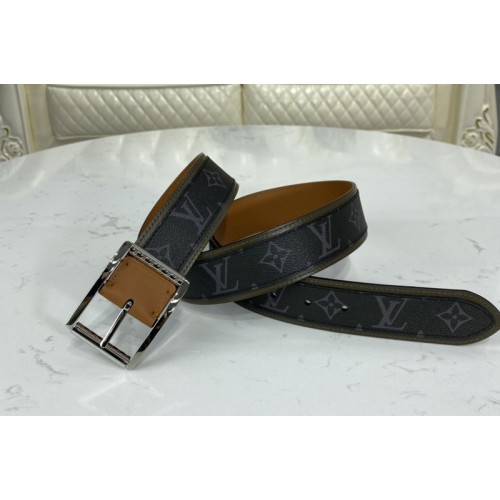 Louis Vuitton M0262V Reverso 40mm reversible belt in Monogram Eclipse and Khaki Green Tan Brown With Silver Buckle