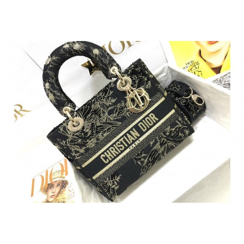 Dior M0565 Medium Lady D-Lite bag in Black Multicolor Dior Jardin dHiver Embroidered Cotton with Velvet and Metallic Thread