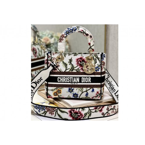 Dior M0565 Medium Lady D-Lite bag in White Multicolor Dior Petites Fleurs Embroidery
