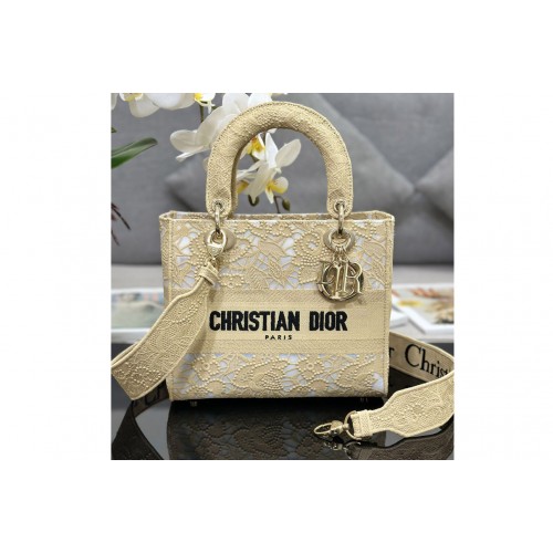 Dior M0565 Medium Lady D-Lite bag in Gold-Tone D-Lace Embroidery with 3D Macrame Effect