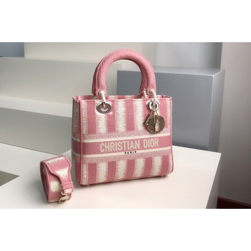 Christian Dior M0565 Dior Medium Lady d-lite bag in Pink D-Stripes Embroidery