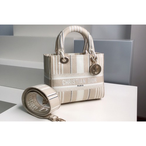 Christian Dior M0565 Dior Medium Lady d-lite bag in Beige Stripes Embroidery