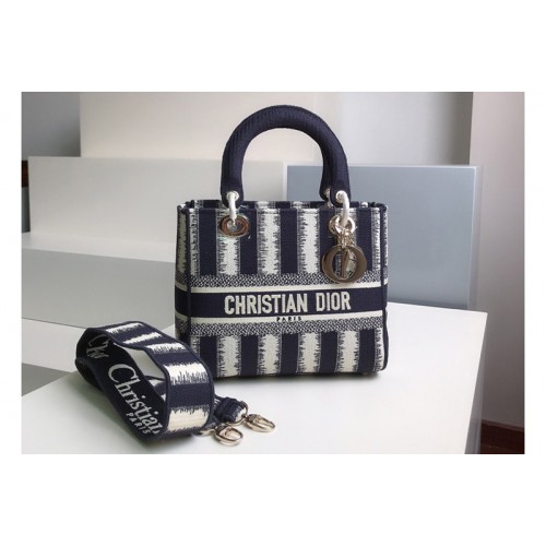 Christian Dior M0565 Dior Medium Lady d-lite bag in Blue D-Stripes Embroidery