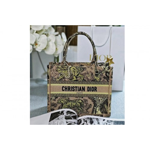 Dior M1265 Small Dior Book Tote Bag in Raffia with Yellow Toile de Jouy Sauvage Embroidery