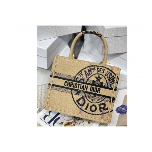 Dior M1265 Christian Dior Small Dior Book Tote Bag in Beige Jute Canvas Embroidered with Dior Union Motif Dior M1265 Christian Dior Small Dior Book Tote Bag in Beige Jute Canvas Embroidered with Dior Union Motif