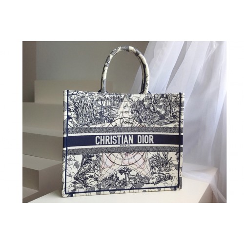 Christian Dior M1286 Dior Book Tote Bag in Blue Multicolor Dior Around the World Embroidery