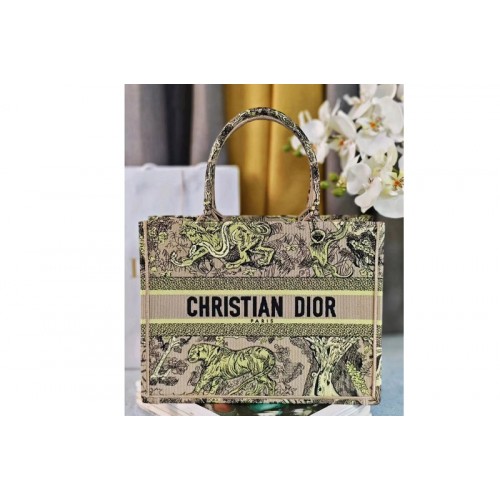 Dior M1296 Medium Dioriviera Dior Book Tote bag in Raffia with Yellow Toile de Jouy Sauvage Embroidery